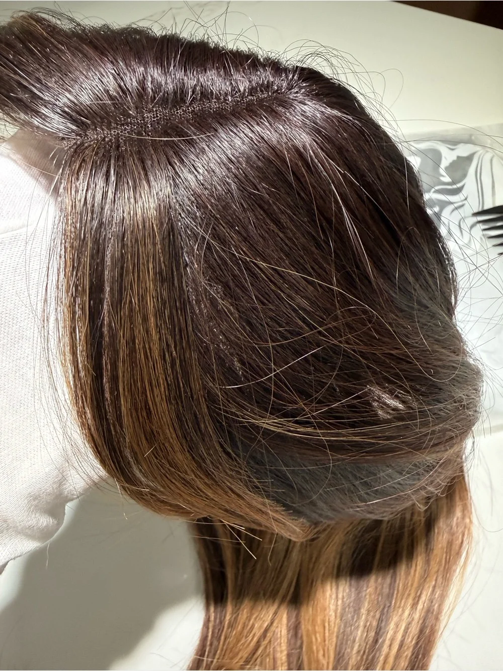 HAIR, 24” Straight Topper, Whispy bangs, Center Part, Brown Carmel Highlights